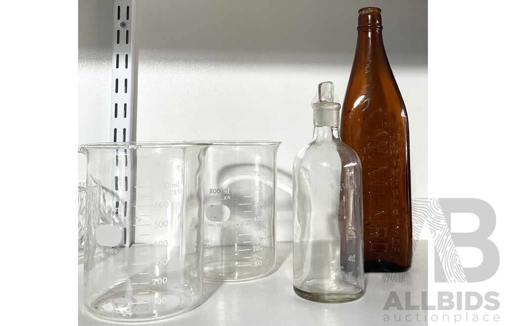 Collection of Vintage Scientific Glassware and W. Munro Triangular Bottle