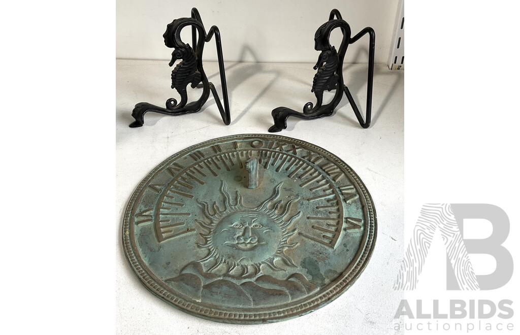 Cast Iron Sun Dial and Two Iron Seahorse Hooks