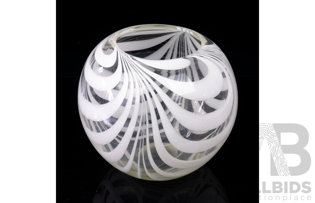 Vintage Glass Sphere Form Vase with White Swirl Decoration