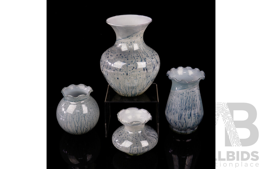 Collection Four Vintage Hand Blown Israeli Simroh Glass Vases with Blue Drip Decoration