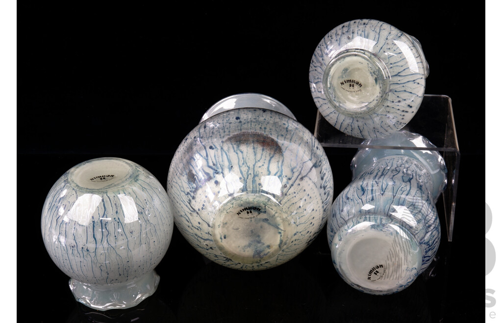 Collection Four Vintage Hand Blown Israeli Simroh Glass Vases with Blue Drip Decoration