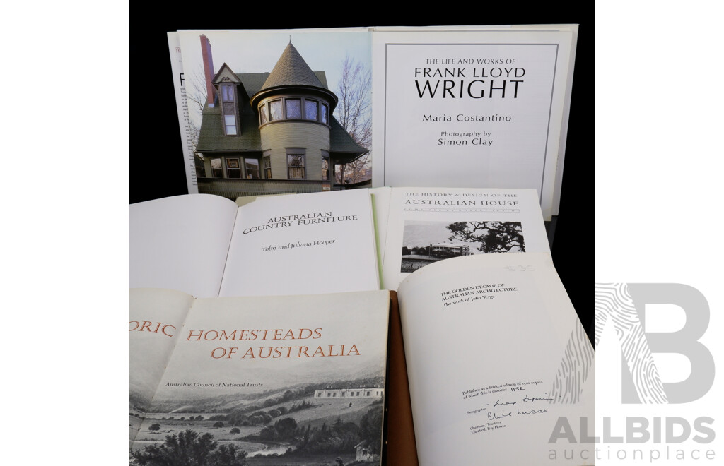 Collection Books Relating to Australian Architecture, Houses, Furniture Including the Life & Works of Frank Lloyd Wright, the Gilden Decade of Australian Architecture and More