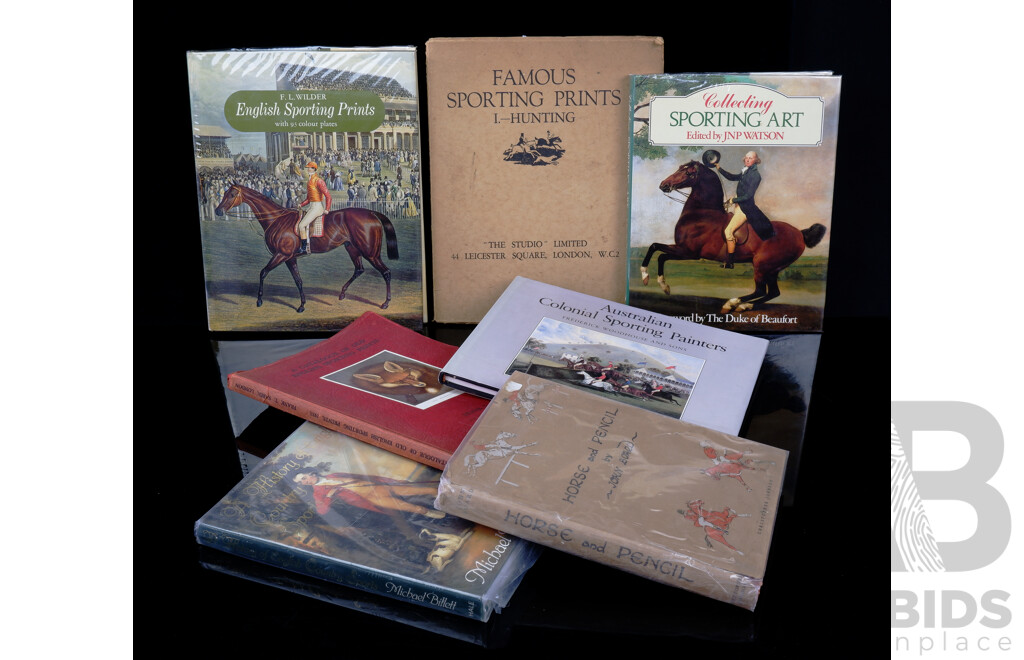 Collection Seven Books Related to Sporting & Hunting Art Including 1922 Famous Sporting Prints, Horse and Pencil by J Board, Catalogue of Old Englsih Sporting Prints by F T Sabin and More