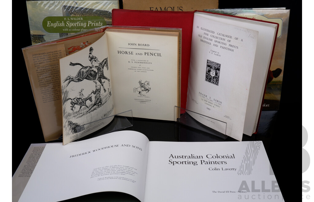 Collection Seven Books Related to Sporting & Hunting Art Including 1922 Famous Sporting Prints, Horse and Pencil by J Board, Catalogue of Old Englsih Sporting Prints by F T Sabin and More