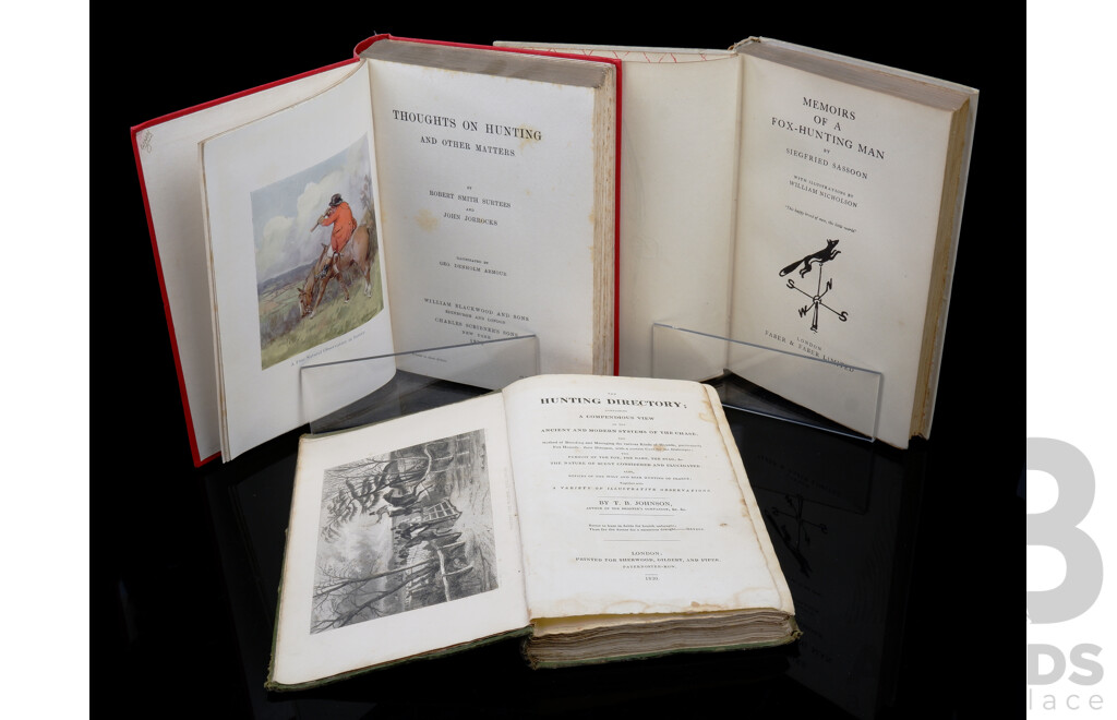 Collection Three Antique Books Related to Hunting and the English Fox Hunt Including Hunting Directory by T B Johnson 1830 and More