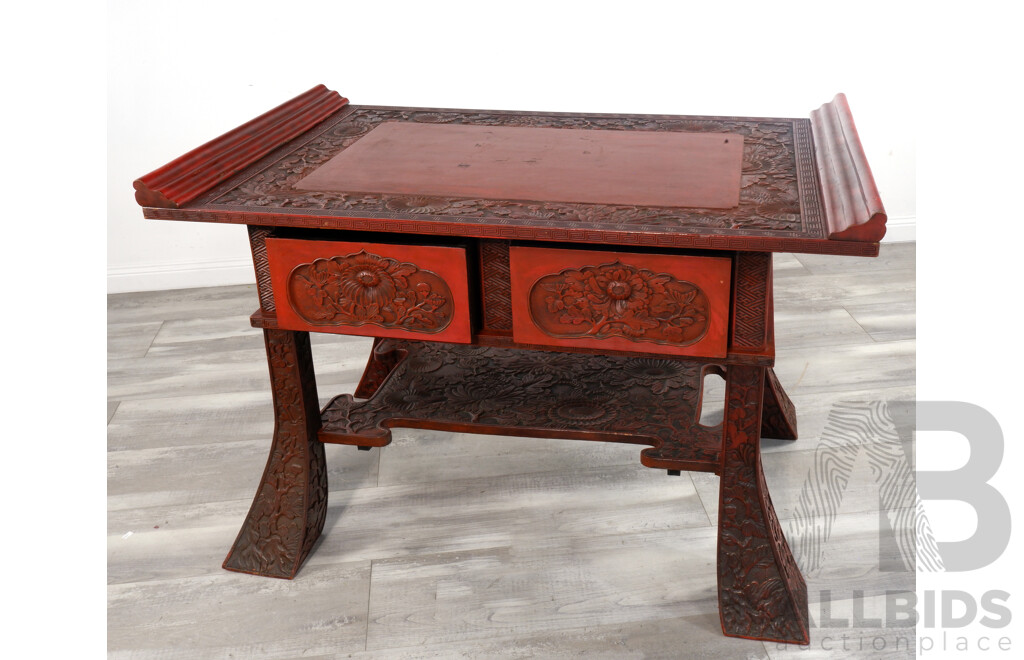 Fine Japanese Export Red Lacquer Centre Table with Drawers, Labelled Y. Hayahsi Nikko, Circa 1905, Probably Retailed by Liberty & Co