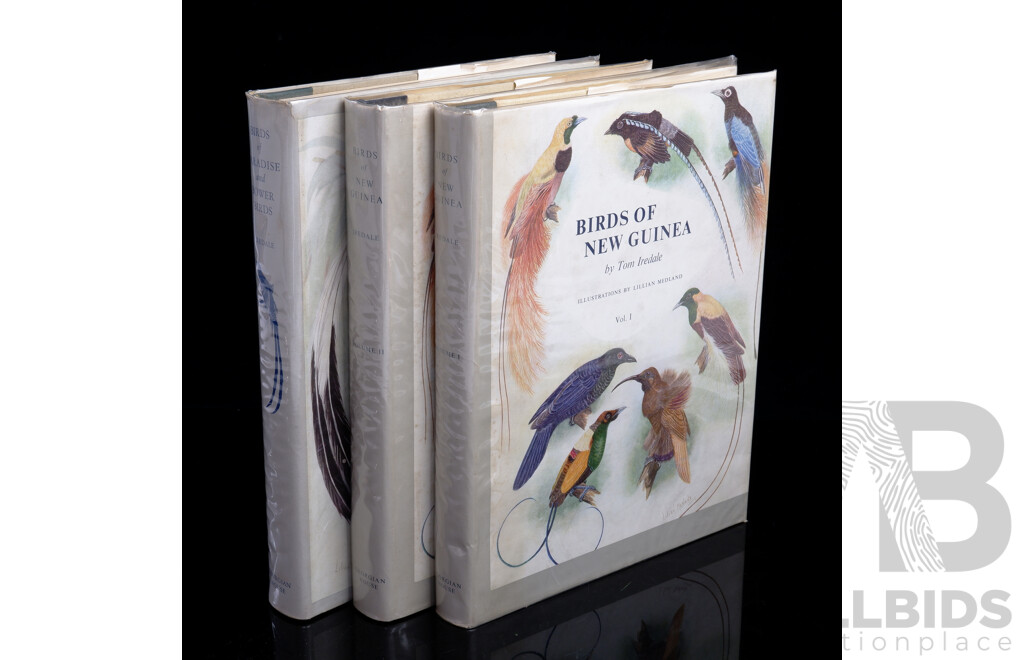 Rare First Edition, Birds of New Guinea, Tom Iredale, Volume 1-2, 1956 Along with Birds of Paradise, Same Author, 1950, All Hardcovers with Plastic Sleeved Dust Jackets