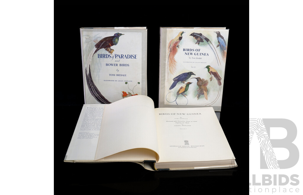 Rare First Edition, Birds of New Guinea, Tom Iredale, Volume 1-2, 1956 Along with Birds of Paradise, Same Author, 1950, All Hardcovers with Plastic Sleeved Dust Jackets