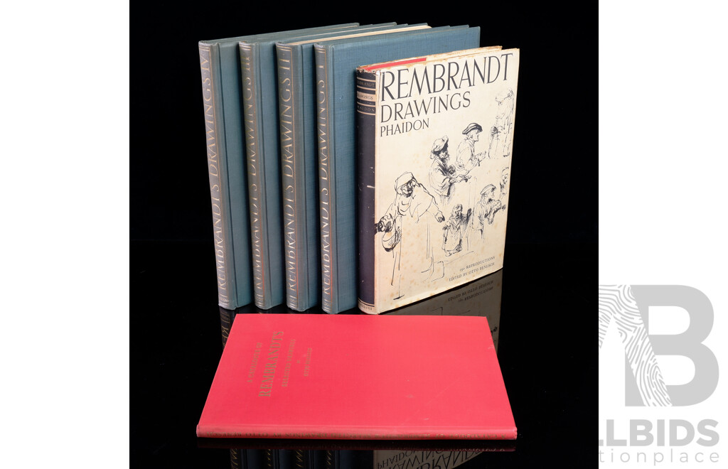 Good Collection Six Books Relating to Rembrandt Including Cloth Bound Volumes 1 to 4, the Drawings of Rembrandt, Otto Benesch, Phaidon 1954 and More