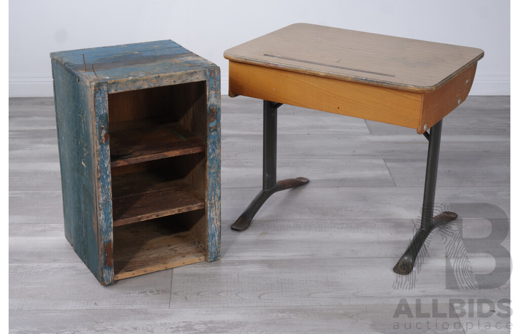 Small Vintage Childs School Desk and Rustic Timber Storage Box