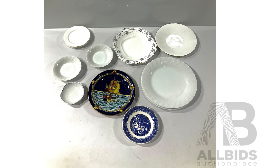 Collection Porcelain Including Small Meissen Dish, Grimwades Ship Plate, Four Pieces White Shelly with Gold Edge and More