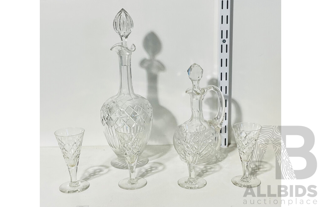 Collection of Decorative Glassware Including Two Vases with Stoppers and Four Glasses