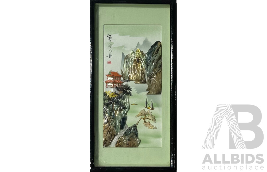 Chinese Framed 3D Carved Sea Shell Landscape Scene in Shadow Box