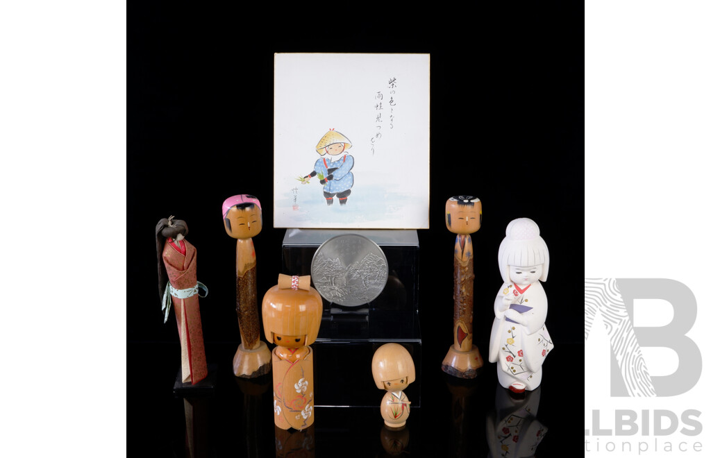 Collection Japanese and Other Items Including Four Kokeshi Examples, Clay Hakata Doll, Paper Doll, Selangor Pewter Plate and More