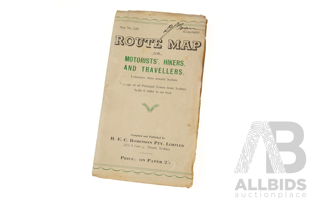 Vintage Route Map Number 226 for Extensive Areas Around Sydney, Robinson PTY LTD,