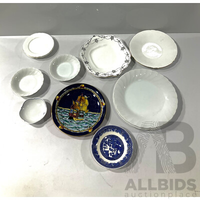 Collection Porcelain Including Small Meissen Dish, Grimwades Ship Plate, Four Pieces White Shelly with Gold Edge and More