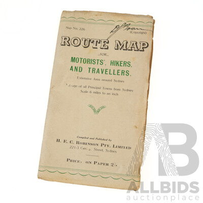 Vintage Route Map Number 226 for Extensive Areas Around Sydney, Robinson PTY LTD,