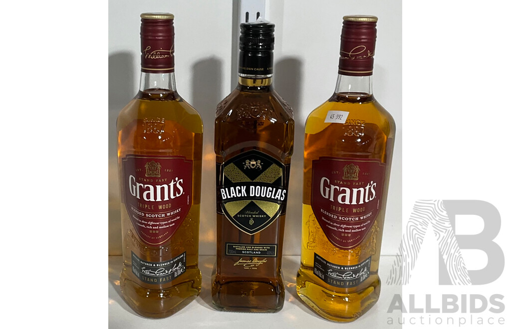 Two 700 Ml Bottles of Grant’s Triple Wood Scotch Whiskey and One 700 Ml Bottle of Black Douglas Scotch Whiskey