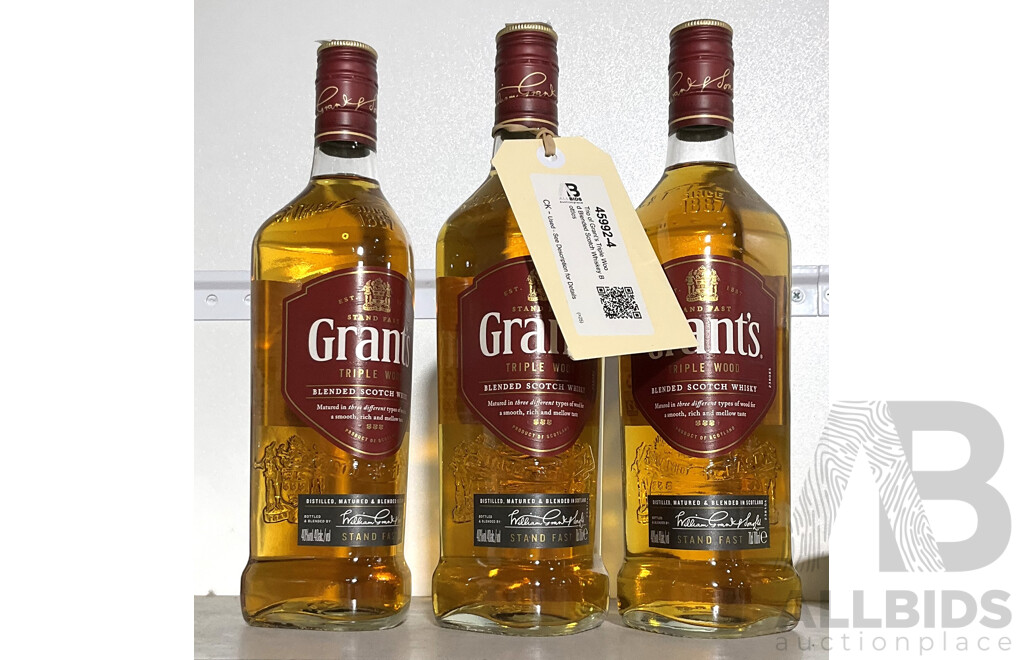 Trio of Grant’s Triple Wood Blended Scotch Whiskey Bottles