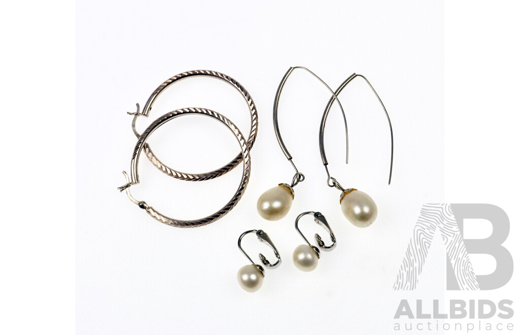 Sterling Silver Freshwater Cultured Pearl Drop Earrings, SS Hoop Earrings & FW Pearl Clip on Earrings