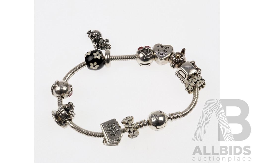 Pandora Disney CZ Mickey Mouse Ball Clasp Bracelet with 9 Charms & 2 Fixed Charms, 18cm, 54.75 Grams