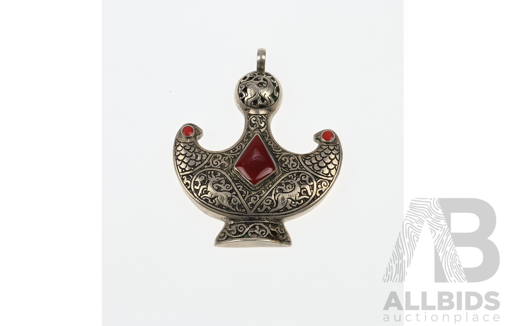 Sterling Silver Vintage Indonesian Amulet with Carnelian, 68mm X 55mm, Hallmarked 925, 37.03 Grams