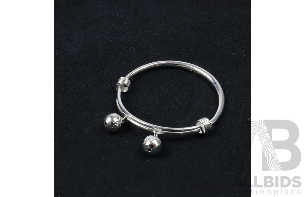 Sterling Silver 990 Baby Bangle with Bells, 48mm, 13.38 Grams