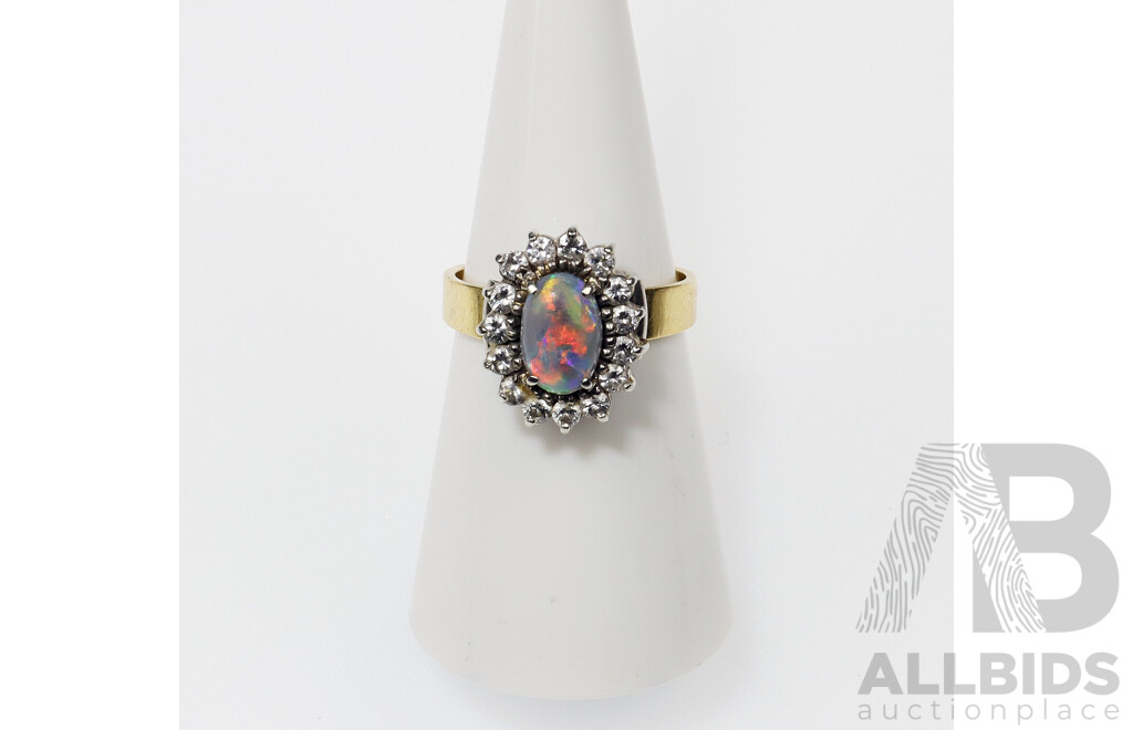 18ct Australian Crystal Opal & Diamond Ring, Size O, 5.96 Grams