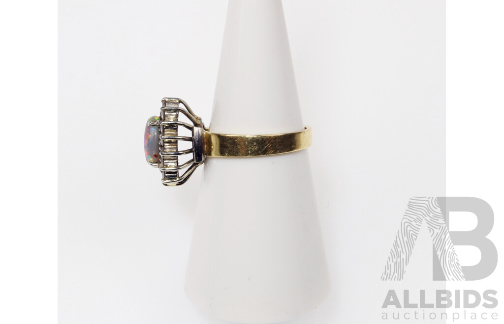 18ct Australian Crystal Opal & Diamond Ring, Size O, 5.96 Grams