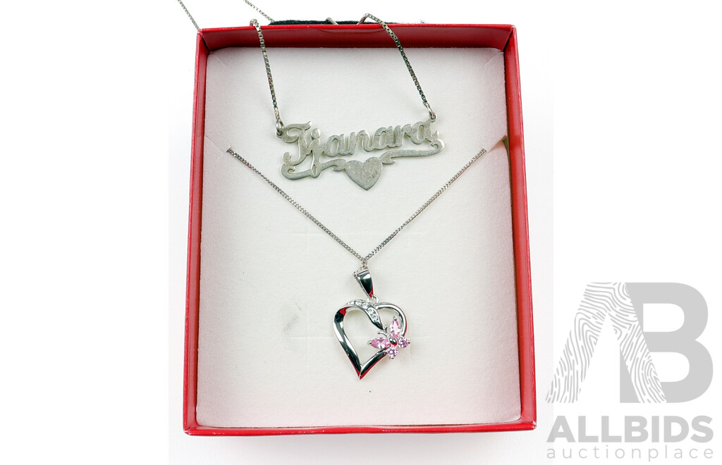 Prouds Sterling Silver Heart Pendant with Pink CZ Butterfly 3.61grams N & Sterling Silver 'Jianara' Name Plate Necklace, 48cm, 4.63 Grams
