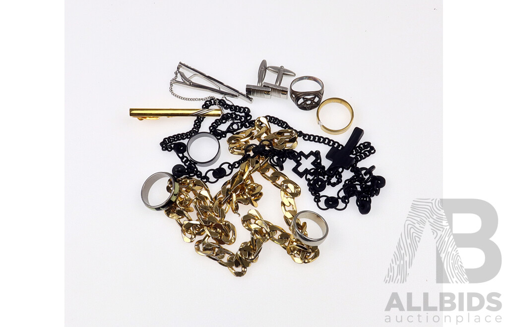 18KGP 10mm Wide Chain, 5 X Mens Rings, 2 X Tie Pins, Cufflinks & Cross Necklace (Black)
