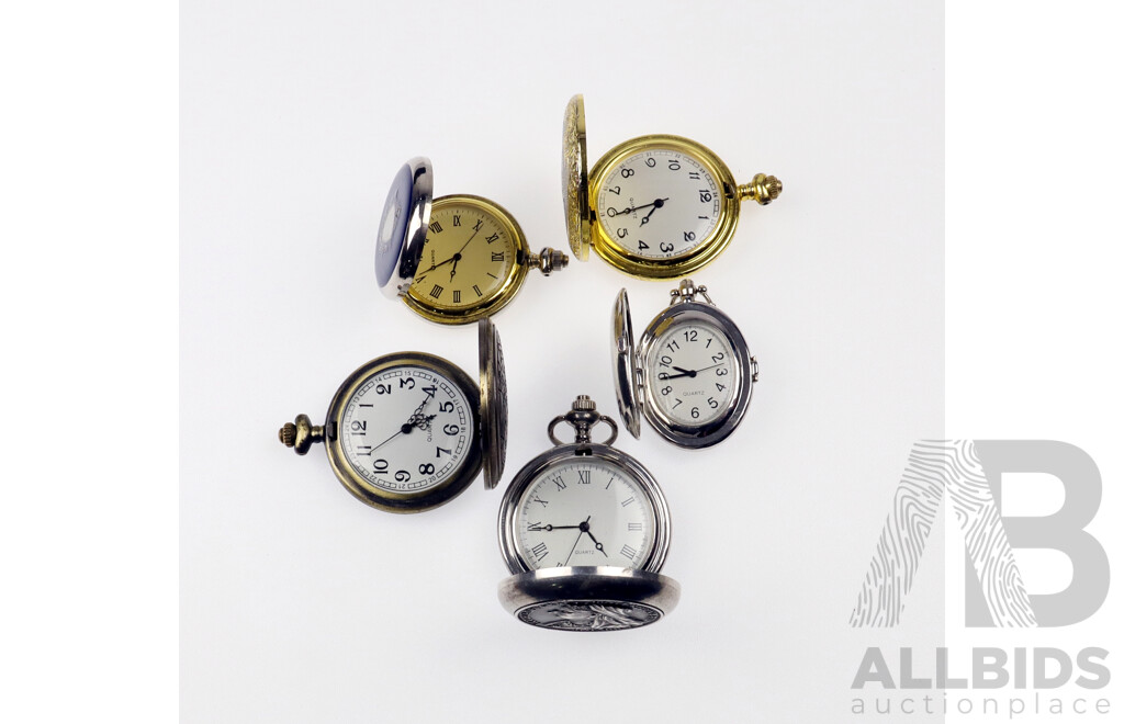 Collection of 5 X Reproduction Pocket Watches, Quartz, 40-50mm Diameter