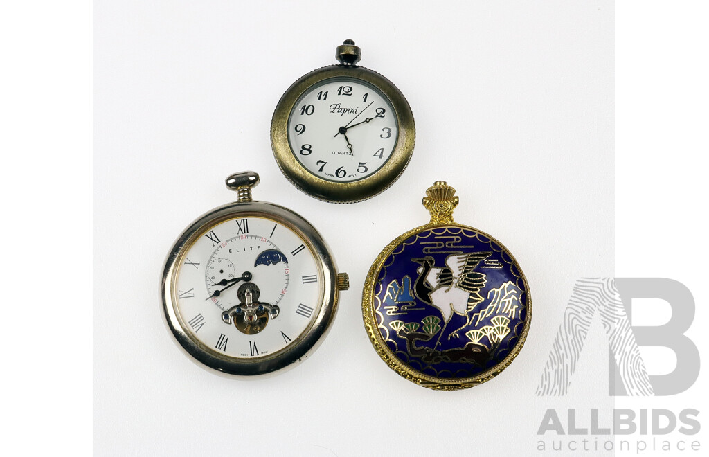 Papini Vintage Pocket Watch 45mm with Elite Pocket Watch 50mm and Enamel Quartz Pocket Watch 50mm