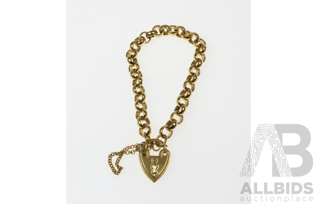 GOLD PLATED Belcher Link Bracelet 18cm with Heart Padlock Clasp - NO VISIBLE HALLMARKS