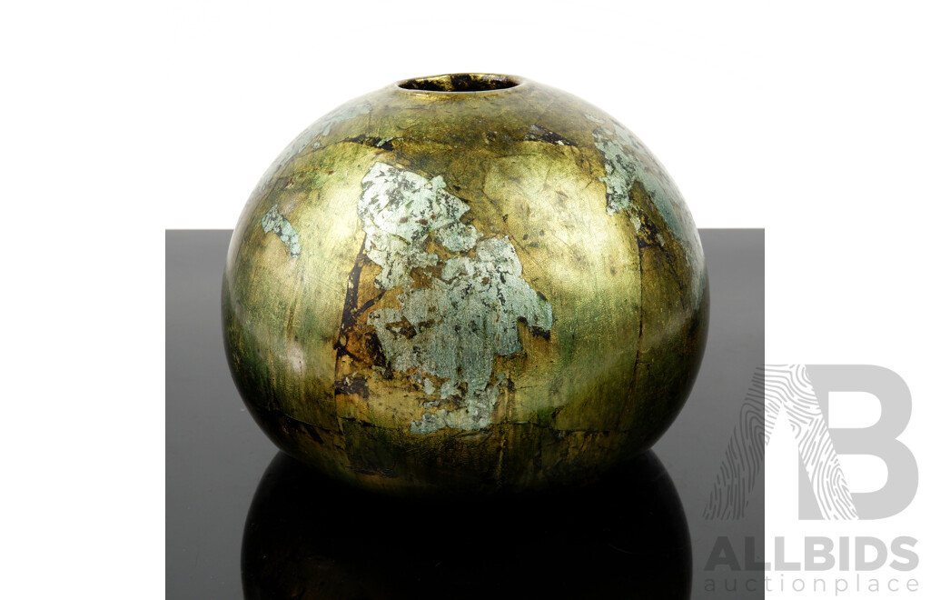 Hand Made Studio Art Pottery Vase with Hand Leafed Layered Gold, Silver & Bronze