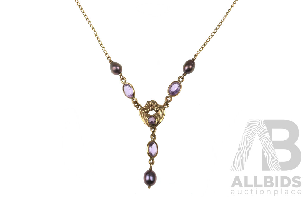 9ct Edwardian Style Necklet with Amethyst & Coloured Freshwater Cultured Pearls