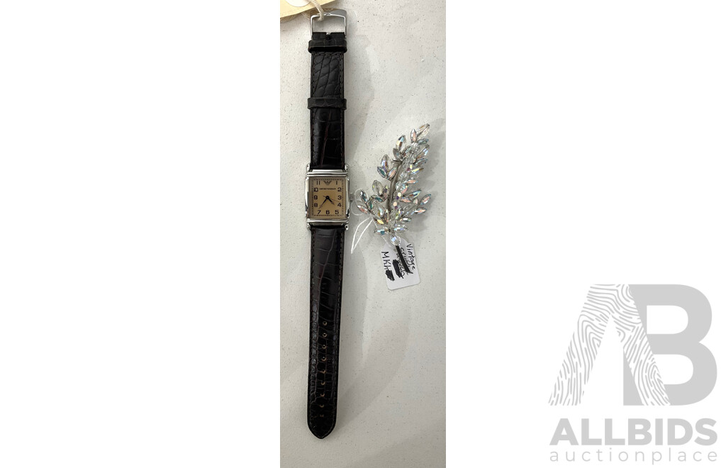 Emporio Armani Vintage Style Watch & Aurora Borealis Crystal Brooch