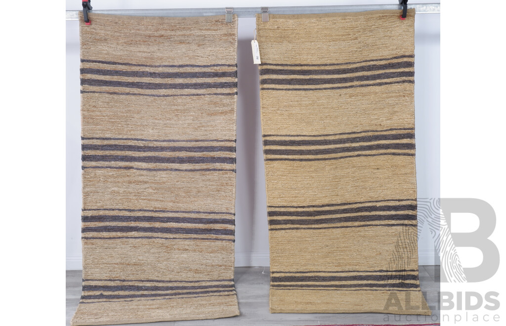 Pair Hand Knotted Jute Rugs by Armadillo in River Ticking Runner Design