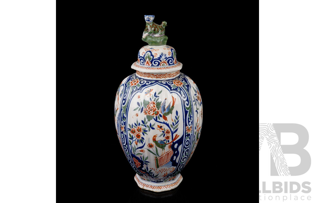 Antique Delft Hand Painted Die Klokken Majolica Porcelain Urn with Lion Finial