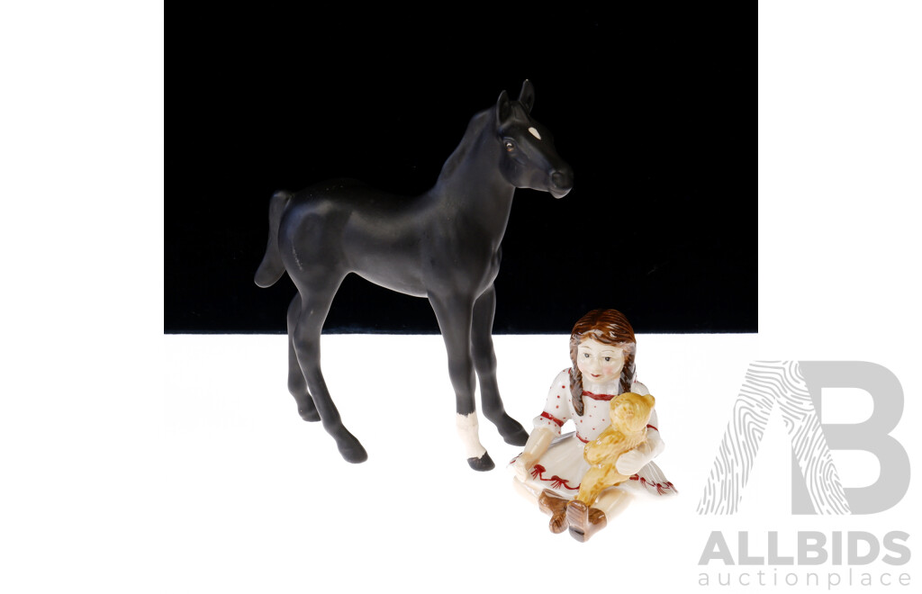 Royal Doulton Porcelain Foal Figurine Along with Villeroy & Boch Child with Teddy Bear Figurine