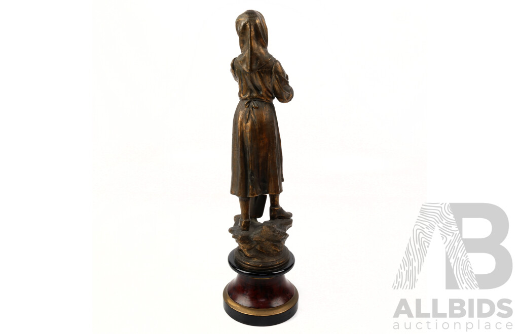 Belgian Spelter Figure of Female Coal Miner, La Hiercheuse, on Wooden Soccle