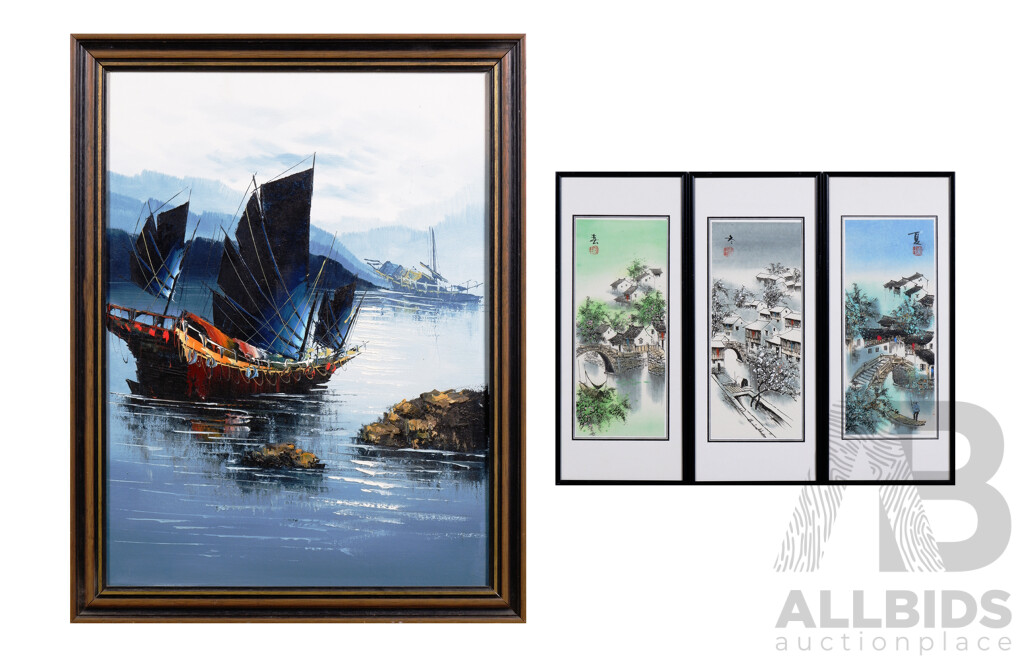 Acrylic on Canvas Painting of a Chinese Junk Together with Set of Three Hand-Finished Offset Prints of Asian Village Scenes,  (4)