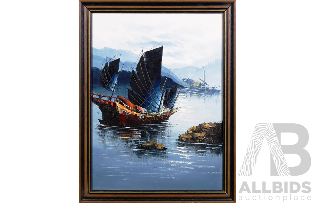 Acrylic on Canvas Painting of a Chinese Junk Together with Set of Three Hand-Finished Offset Prints of Asian Village Scenes,  (4)