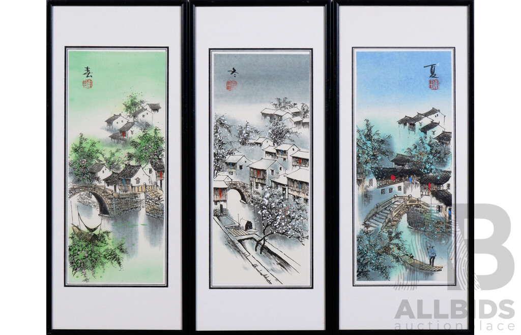 Acrylic on Canvas Painting of a Chinese Junk Together with Set of Three Hand-Finished Offset Prints of Asian Village Scenes,  (4)