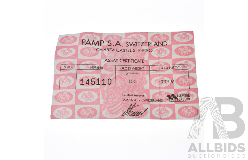 PAMP SA 999.9 Gold 100g Bar, No 145110, with Certificate