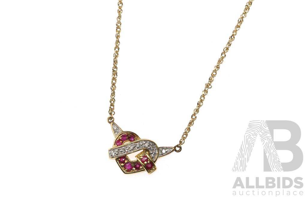 14ct Ruby & Diamond Heart Pendant on Fixed Chain, 50cm, 4.46 Grams