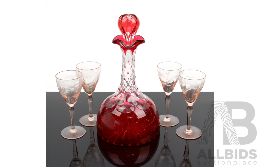 Vintage Bohemian Ruby Red Flashed Crystal Decanter with Four Pink Glassed Stemware