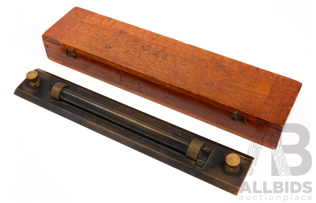 Antique BRass Draughtsmans Rolling Ruler in Wooden Case