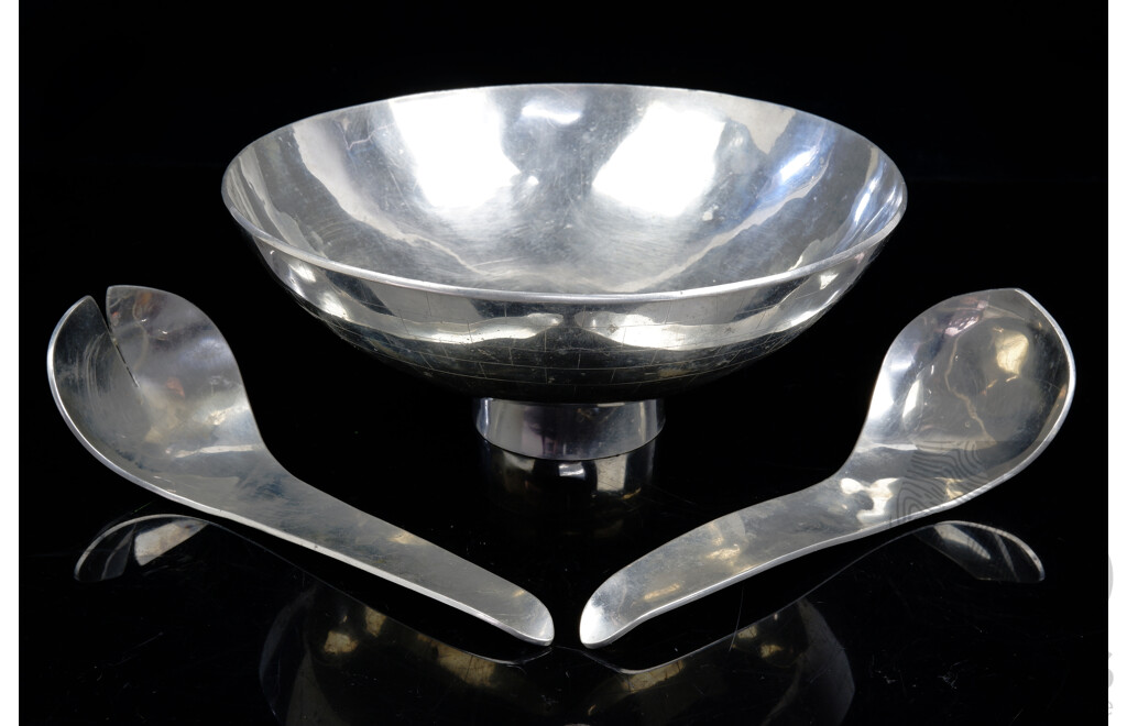 Modernist Retro Steel Salad Bowl with Pair Matching Servers