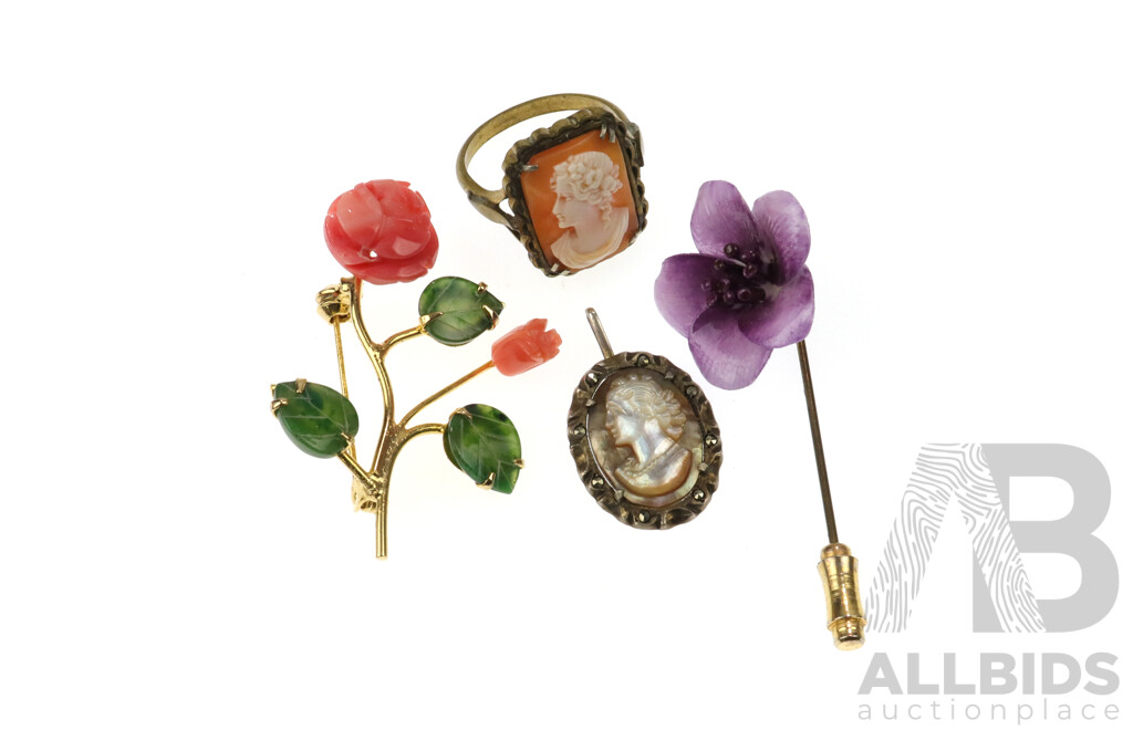 Mother of Pearl Sterling Silver Cameo Pendant, Gold Plated Coral Brooch, Shell Cameo Ring & Flower Pin